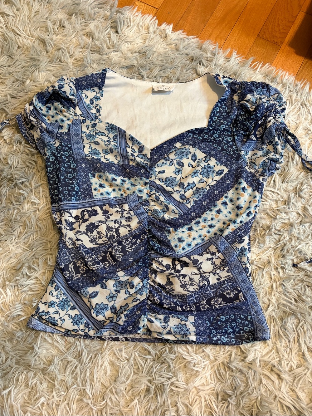 Blue & White Patchwork Floral Women’s Top